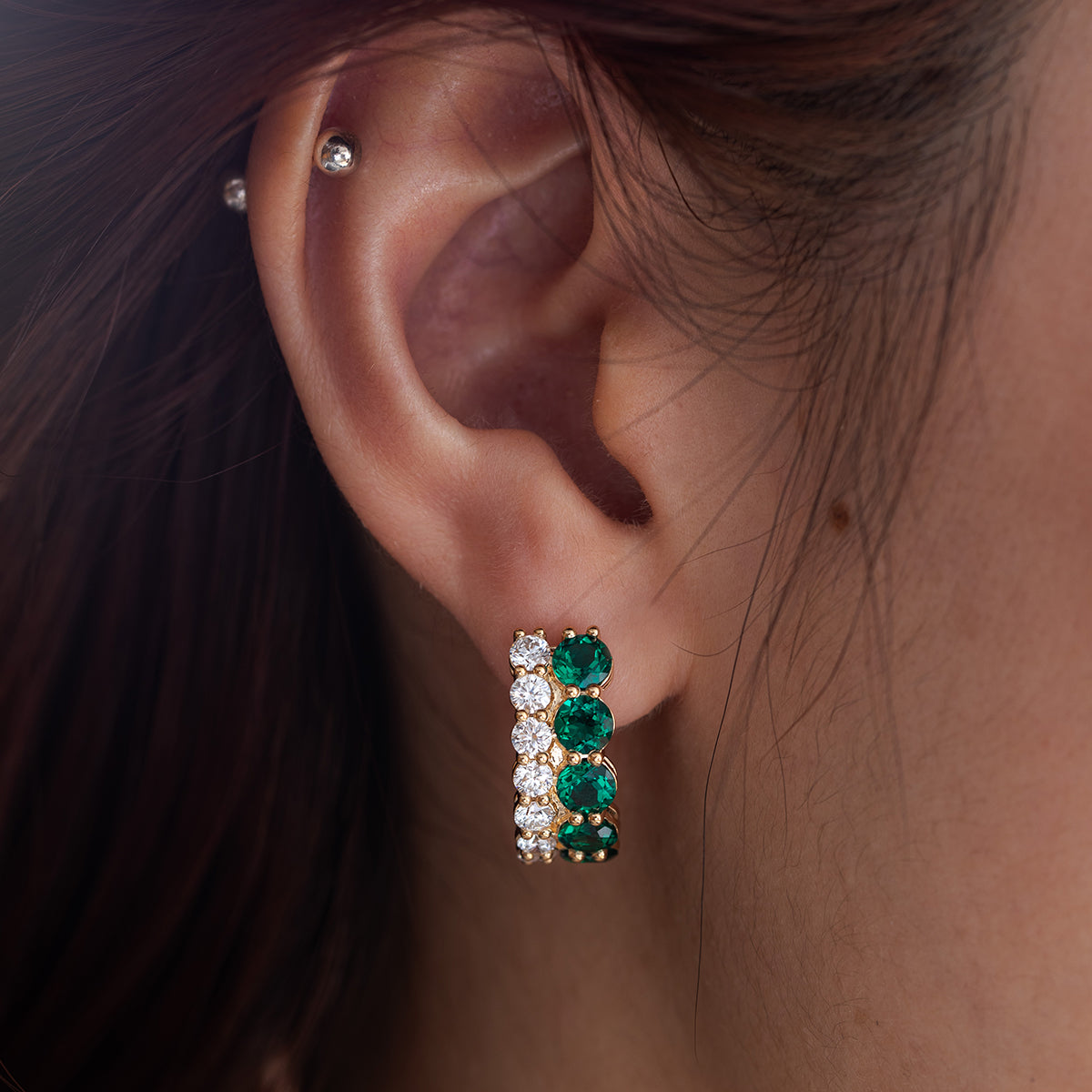 18K Yellow Gold Round Lab Diamond and Round Lab Zambian Emerald Stud Earrings 18K Yellow Gold Round Lab Diamond and Round Lab Zambian Emerald Stud Earrings