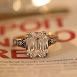 18K Gold 4.5ct Elongated Old Mine Cut Lab Diamond Antique-inspired Ring with Princess Cut Lab Sapphire & Round Cut Lab Diamond Side-stone 18K Gold 4.5ct Elongated Old Mine Cut Lab Diamond Antique-inspired Ring with Princess Cut Lab Sapphire & Round Cut Lab Diamond Side-stone