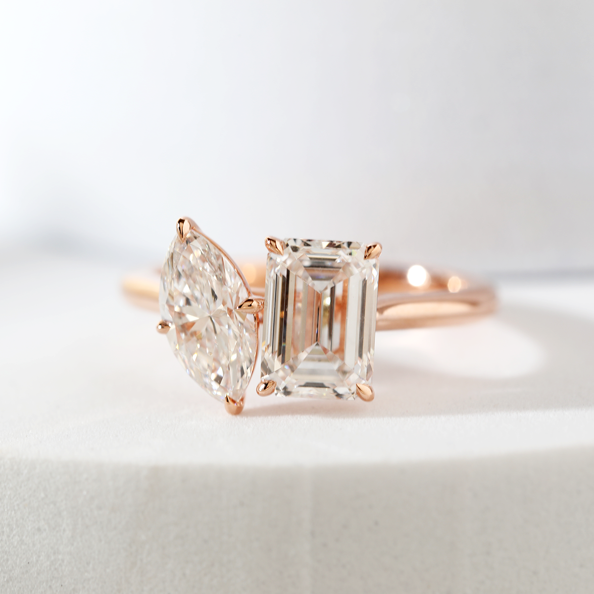 14K Rose Gold Marquise Cut and Emerald Cut Lab Diamond Toi et Moi Ring 14K Rose Gold Marquise Cut and Emerald Cut Lab Diamond Toi et Moi Ring
