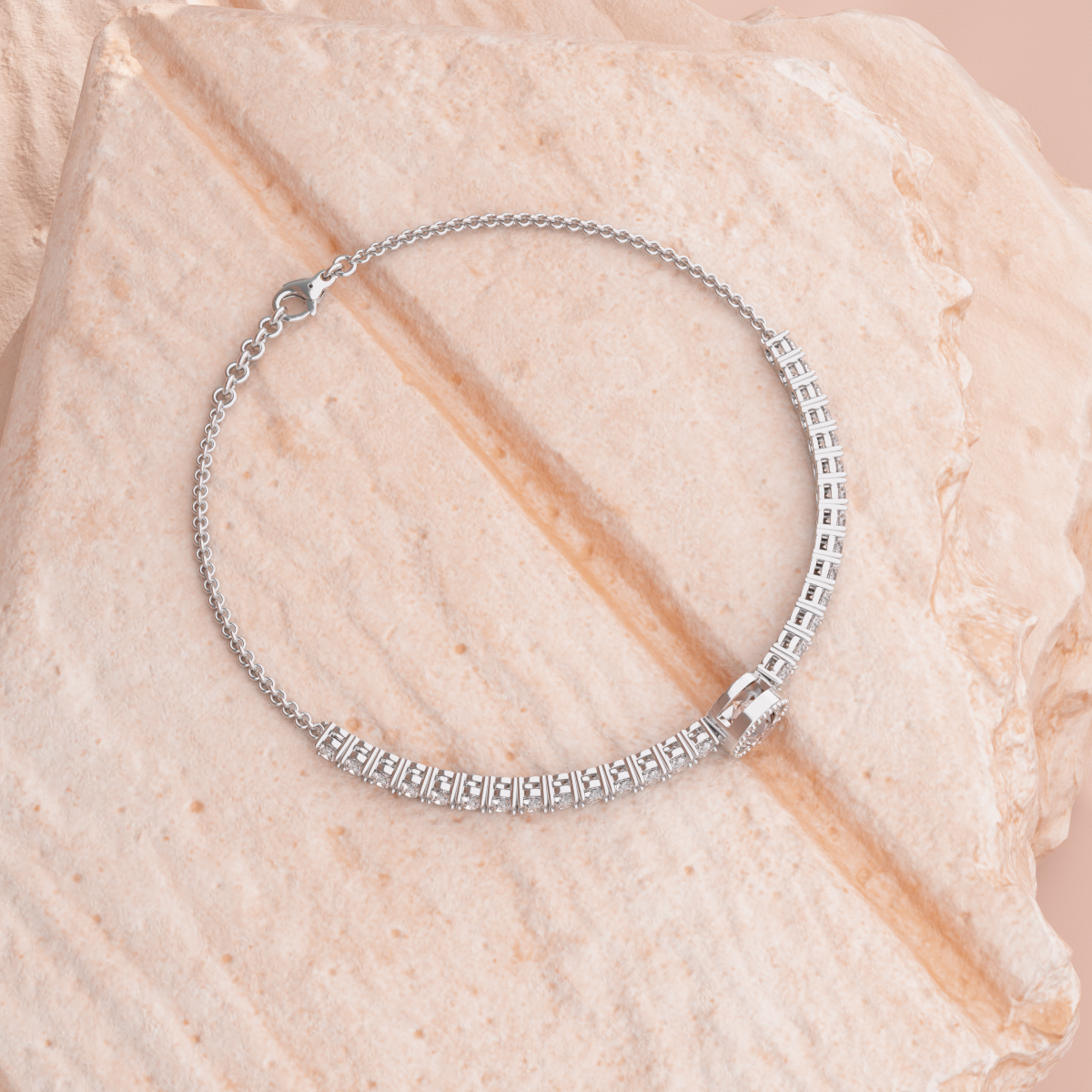 14K White Gold Round Lab Diamond Adjustable Chain Bracelet with A Millegrain Bezel 6mm Center Stone 14K White Gold Round Lab Diamond Adjustable Chain Bracelet with A Millegrain Bezel 6mm Center Stone
