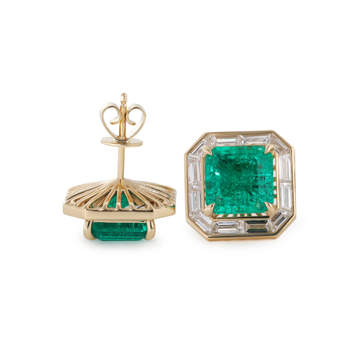 14K Yellow Gold 4.5 ct tw Asshcer Cut Colombian Lab Emerald Halo Stud Earrings 14K Yellow Gold 4.5 ct tw Asshcer Cut Colombian Lab Emerald Halo Stud Earrings