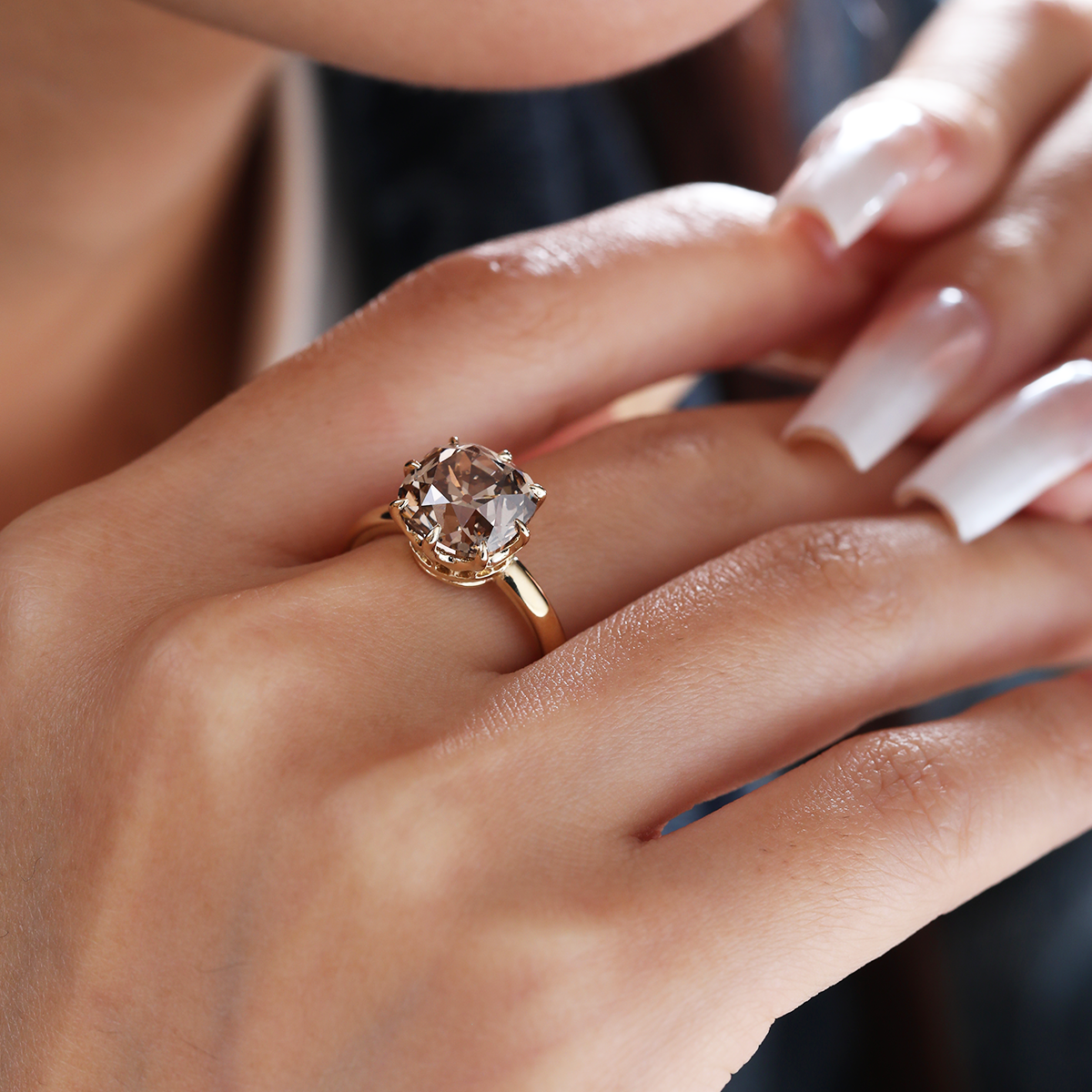 14K Yellow Gold 4.5ct Old Mine Cut Brown Lab Diamond 8 Claw Prongs Crown Setting Solitaire Ring 14K Yellow Gold 4.5ct Old Mine Cut Brown Lab Diamond 8 Claw Prongs Crown Setting Solitaire Ring