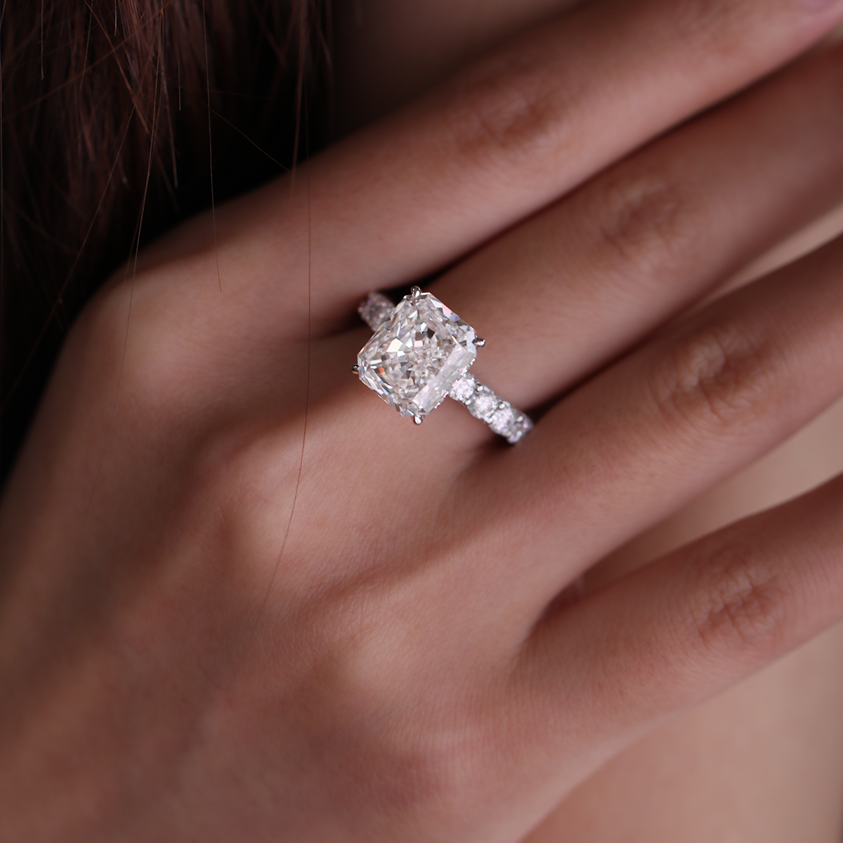 14K White Gold 5.5ct Radiant Cut Lab Diamond Engagement Ring with Hidden Halo and 2/3 Pave Band 14K White Gold 5.5ct Radiant Cut Lab Diamond Engagement Ring with Hidden Halo and 2/3 Pave Band