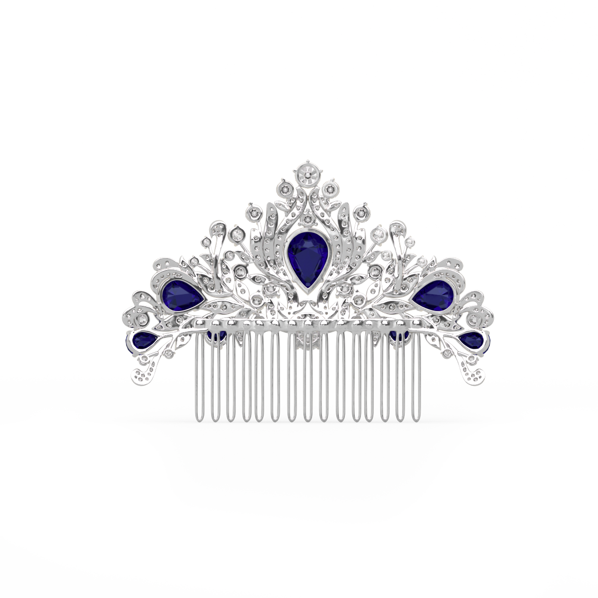14K White Gold Pear Lab Sapphire and Round Lab Diamond Floral Crown Vintage Bridal Comb 14K White Gold Pear Lab Sapphire and Round Lab Diamond Floral Crown Vintage Bridal Comb