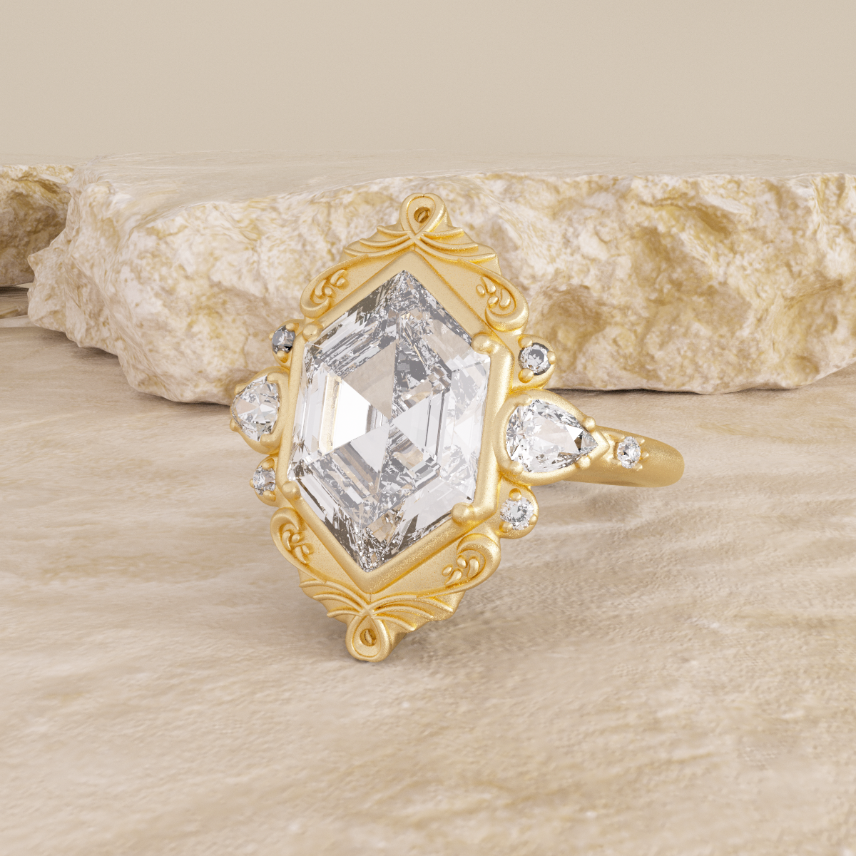 14K Yellow Gold 2ct Elongated Hexagonal Cut Lab Diamond Victoran-Style Bezel Ring with Floral Motifs 14K Yellow Gold 2ct Elongated Hexagonal Cut Lab Diamond Victoran-Style Bezel Ring with Floral Motifs