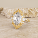 14K Yellow Gold 2ct Elongated Hexagonal Cut Lab Diamond Victoran-Style Bezel Ring with Floral Motifs 14K Yellow Gold 2ct Elongated Hexagonal Cut Lab Diamond Victoran-Style Bezel Ring with Floral Motifs