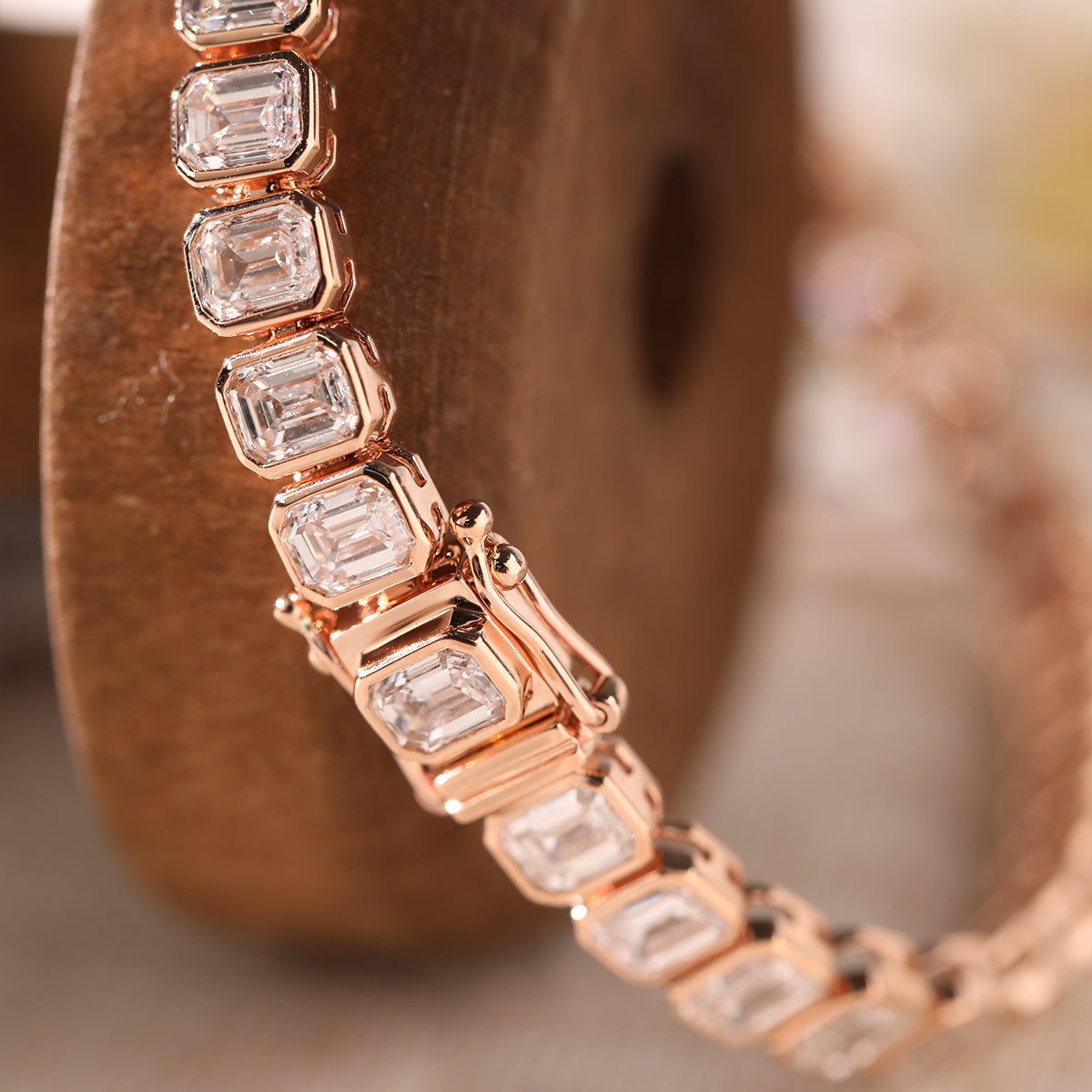 18K Rose Gold Emerald Cut Lab Diamond Bezel Tennis Bracelet 18K Rose Gold Emerald Cut Lab Diamond Bezel Tennis Bracelet