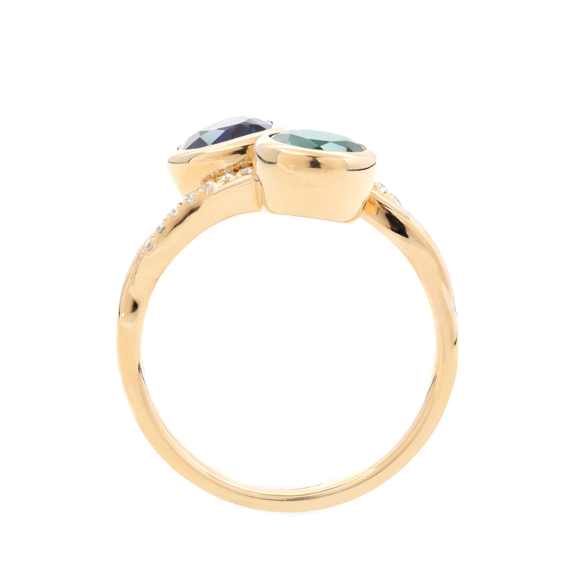 14K Yellow Gold Heart Lab Sapphire and Round Zambian Lab Emerald Toi et Moi Ring with Twist Band 14K Yellow Gold Heart Lab Sapphire and Round Zambian Lab Emerald Toi et Moi Ring with Twist Band