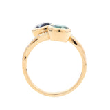 14K Yellow Gold Heart Lab Sapphire and Round Zambian Lab Emerald Toi et Moi Ring with Twist Band 14K Yellow Gold Heart Lab Sapphire and Round Zambian Lab Emerald Toi et Moi Ring with Twist Band