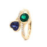 14K Yellow Gold Heart Lab Sapphire and Round Zambian Lab Emerald Toi et Moi Ring with Twist Band 14K Yellow Gold Heart Lab Sapphire and Round Zambian Lab Emerald Toi et Moi Ring with Twist Band