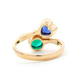 14K Yellow Gold Heart Lab Sapphire and Round Zambian Lab Emerald Toi et Moi Ring with Twist Band 14K Yellow Gold Heart Lab Sapphire and Round Zambian Lab Emerald Toi et Moi Ring with Twist Band
