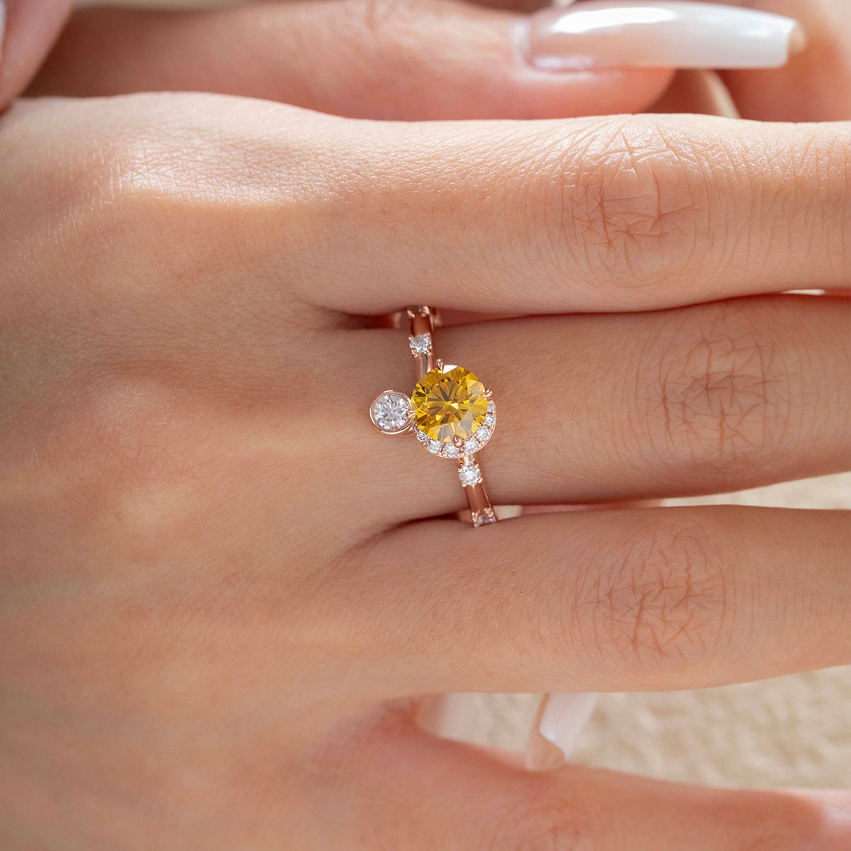 14K Rose Gold 1ct Yellow Round Lab Diamond Celestial-inspired Ring with Sun, New Moon, and Star Design 14K Rose Gold 1ct Yellow Round Lab Diamond Celestial-inspired Ring with Sun, New Moon, and Star Design