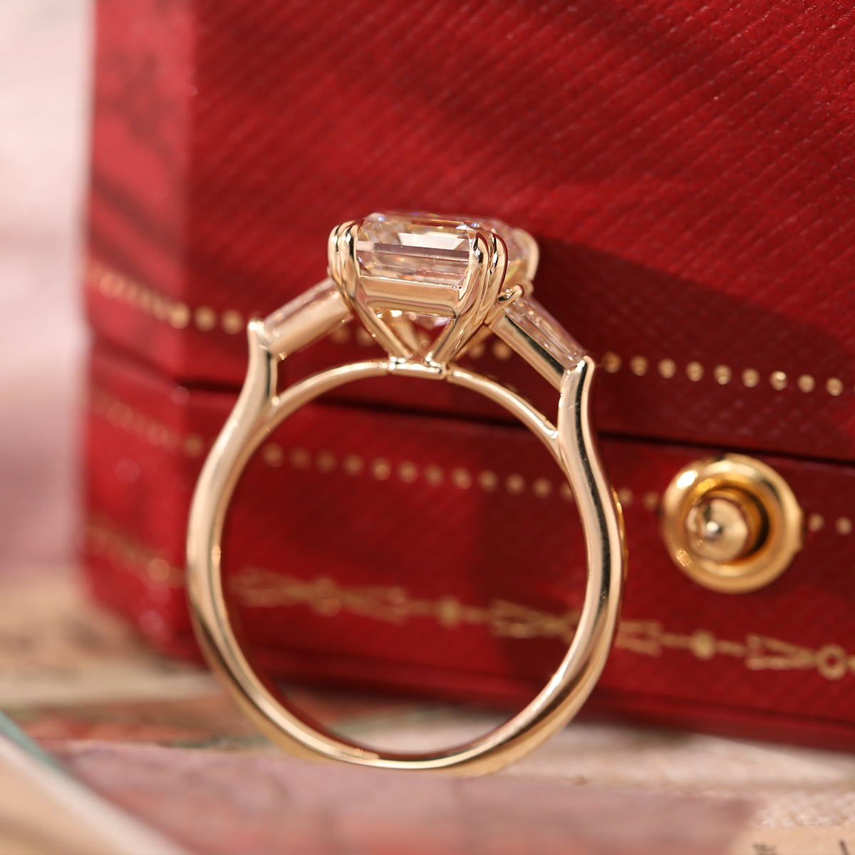 14K Yellow Gold 3.5ct Asscher Cut Lab diamond Double Claw Prongs Three-stone Ring with Two Tapered Baguette Cut 14K Yellow Gold 3.5ct Asscher Cut Lab diamond Double Claw Prongs Three-stone Ring with Two Tapered Baguette Cut