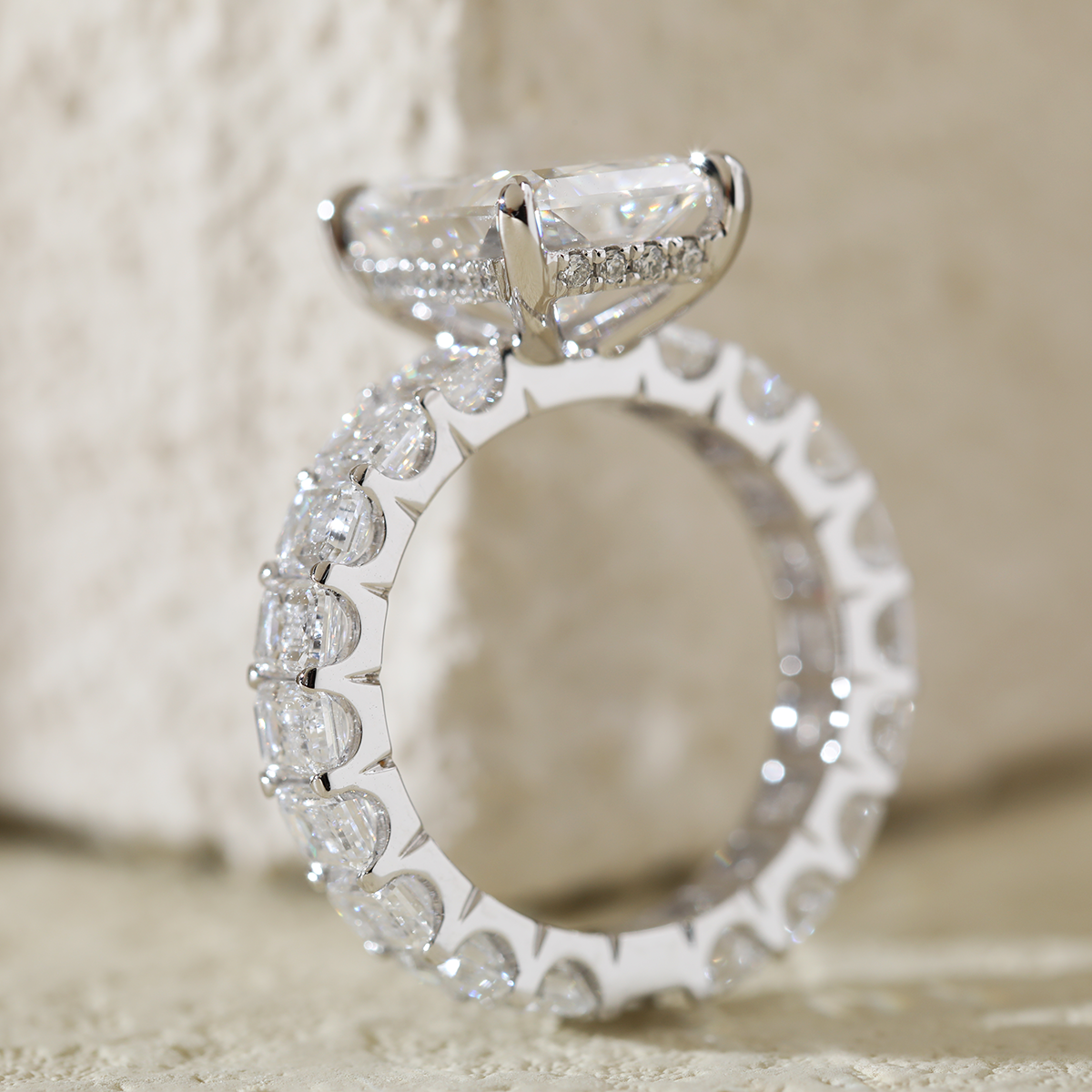 Platinum 4ct Radiant Cut Lab Diamond 4 Calw Prong Basket Ring with Round Lab Diamond Hiddden-Halo and Emerald Cut Lab Diamond Pave Platinum 4ct Radiant Cut Lab Diamond 4 Calw Prong Basket Ring with Round Lab Diamond Hiddden-Halo and Emerald Cut Lab Diamond Pave