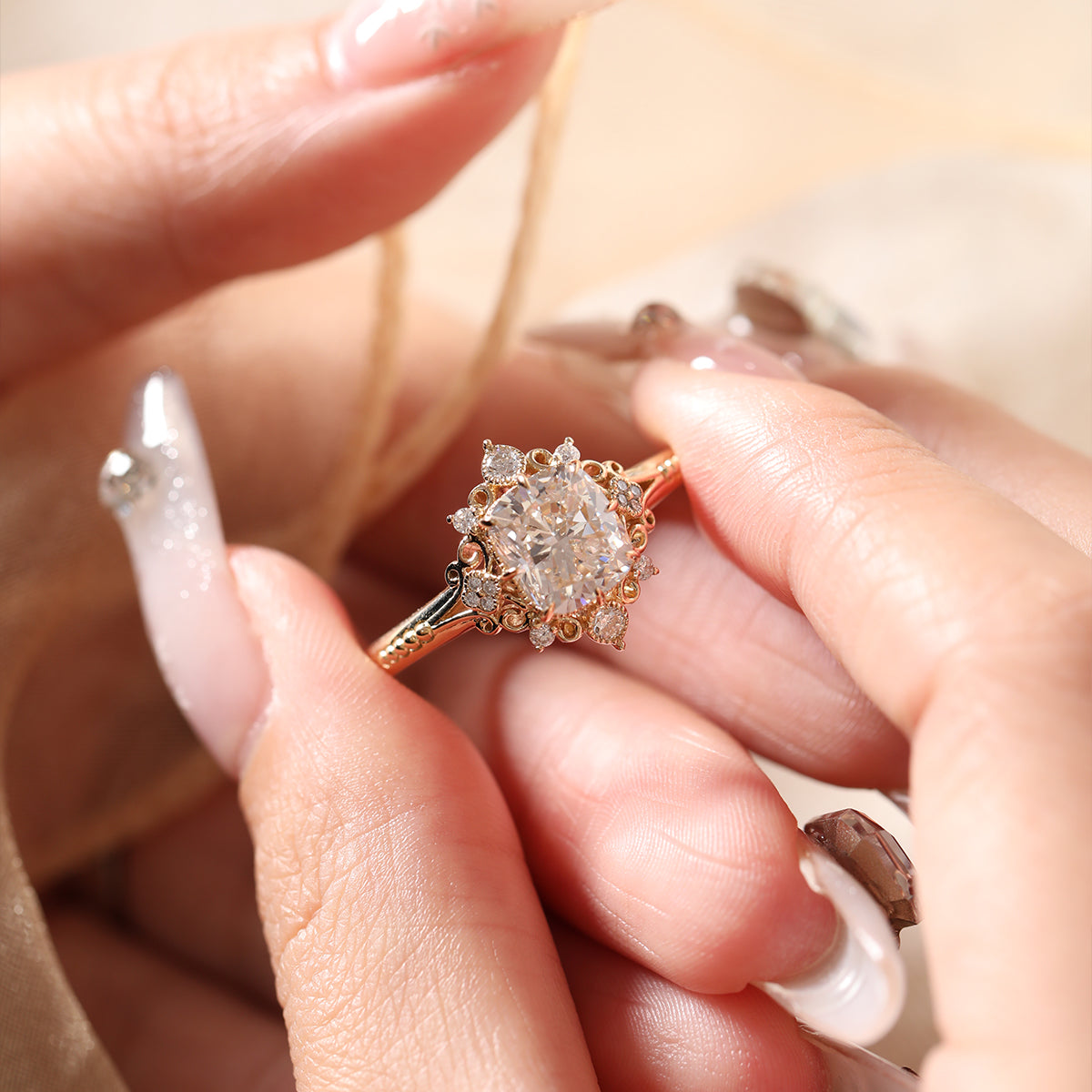 14K Yellow Gold 2.5ct Elongated Cushion Cut Lab Diamond Victoran-Style Ring with Floral Motifs 14K Yellow Gold 2.5ct Elongated Cushion Cut Lab Diamond Victoran-Style Ring with Floral Motifs