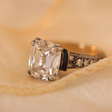 18K Gold 4.5ct Elongated Old Mine Cut Lab Diamond Antique-inspired Ring with Princess Cut Lab Sapphire & Round Cut Lab Diamond Side-stone 18K Gold 4.5ct Elongated Old Mine Cut Lab Diamond Antique-inspired Ring with Princess Cut Lab Sapphire & Round Cut Lab Diamond Side-stone