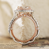 14K White and Rose Gold 2.5ct Old Mine Cut Lab Diamond Evelina Halo Edwardian Style Ring with Waverly Band and Millegrain Edging 14K White and Rose Gold 2.5ct Old Mine Cut Lab Diamond Evelina Halo Edwardian Style Ring with Waverly Band and Millegrain Edging
