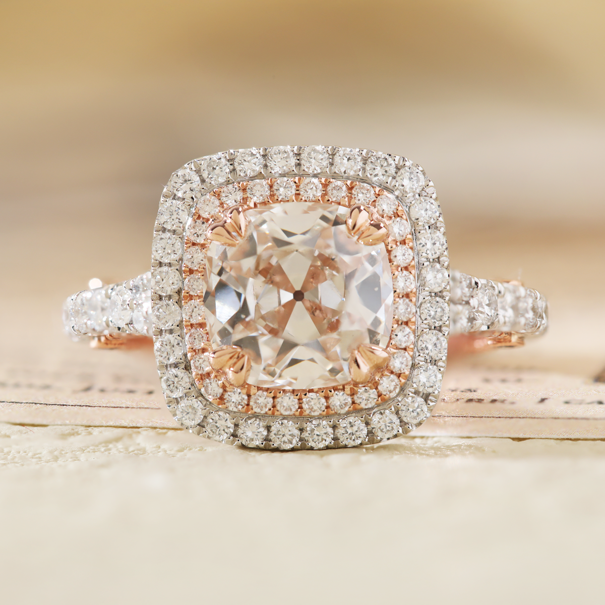 14K White and Rose Gold 2.5ct Old Mine Cut Lab Diamond Evelina Halo Edwardian Style Ring with Waverly Band and Millegrain Edging 14K White and Rose Gold 2.5ct Old Mine Cut Lab Diamond Evelina Halo Edwardian Style Ring with Waverly Band and Millegrain Edging