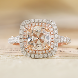 14K White and Rose Gold 2.5ct Old Mine Cut Lab Diamond Evelina Halo Edwardian Style Ring with Waverly Band and Millegrain Edging 14K White and Rose Gold 2.5ct Old Mine Cut Lab Diamond Evelina Halo Edwardian Style Ring with Waverly Band and Millegrain Edging