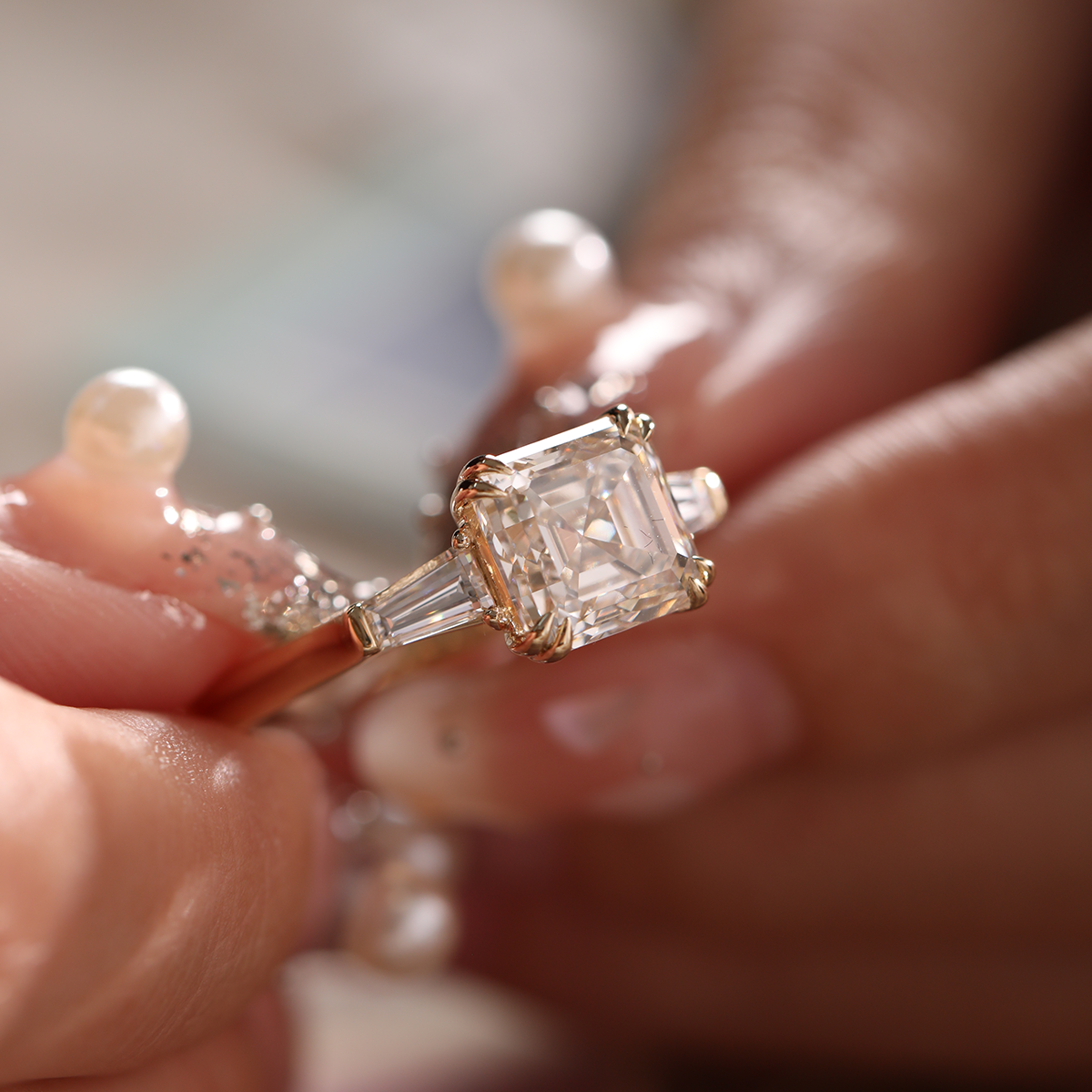 14K Yellow Gold 3.5ct Asscher Cut Lab diamond Double Claw Prongs Three-stone Ring with Two Tapered Baguette Cut 14K Yellow Gold 3.5ct Asscher Cut Lab diamond Double Claw Prongs Three-stone Ring with Two Tapered Baguette Cut
