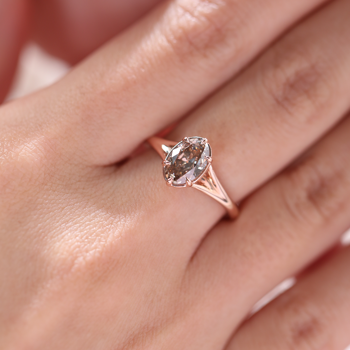 14K Rose Gold 1ct Oval Old Mine Cut Brown Lab Diamond 6 Claw Prong Cathedral Setting Solitaire Ring 14K Rose Gold 1ct Oval Old Mine Cut Brown Lab Diamond 6 Claw Prong Cathedral Setting Solitaire Ring