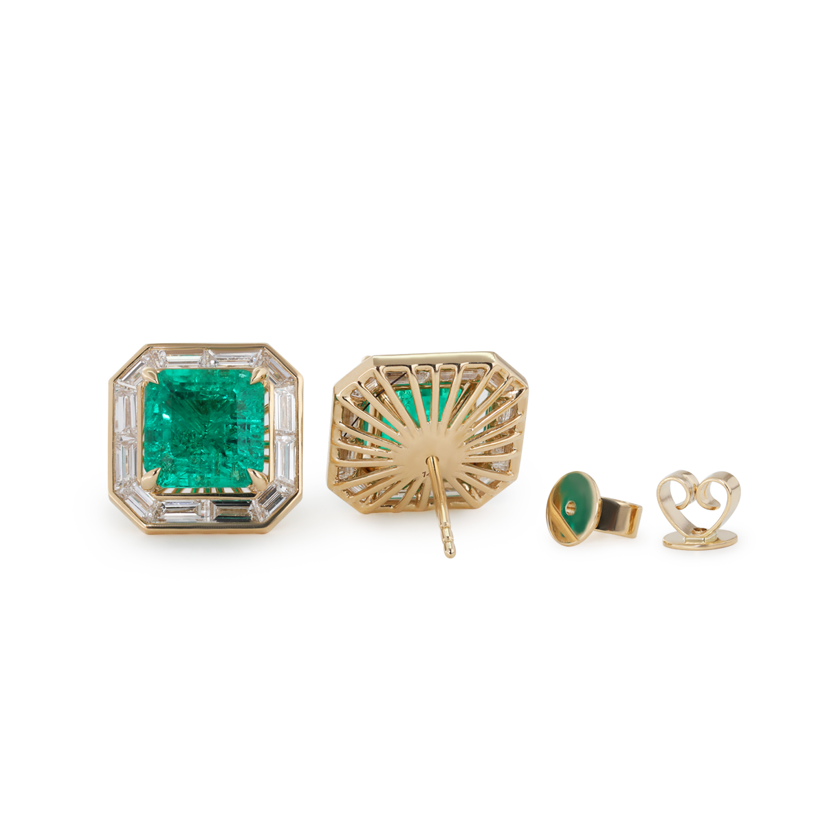 14K Yellow Gold 4.5 ct tw Asshcer Cut Colombian Lab Emerald Halo Stud Earrings 14K Yellow Gold 4.5 ct tw Asshcer Cut Colombian Lab Emerald Halo Stud Earrings