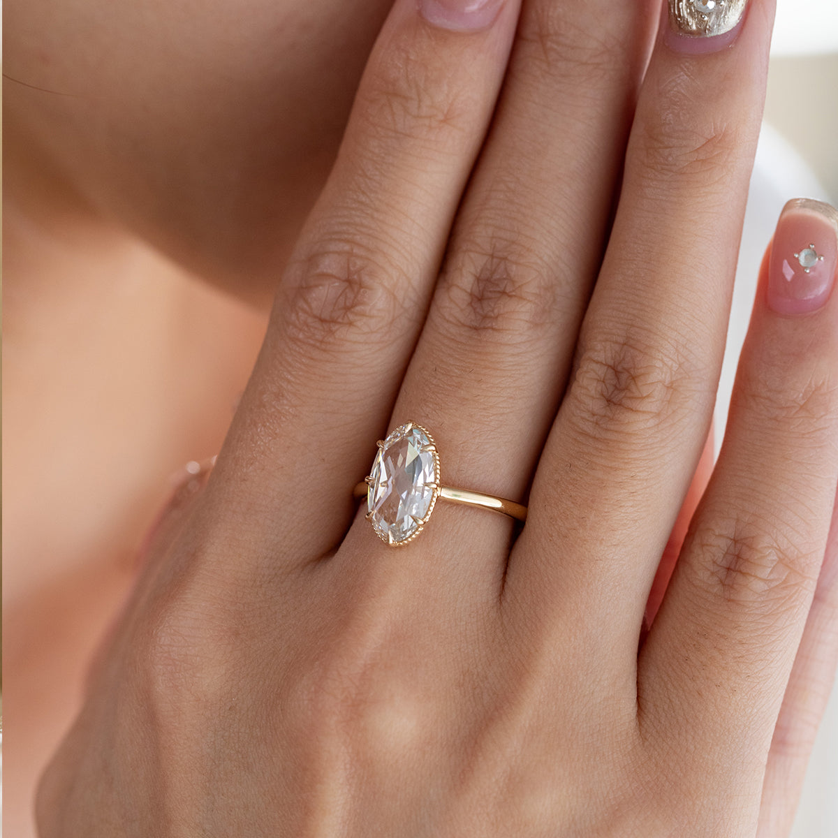14K Yellow Gold Oval Rose Cut Lab Diamond Millegrain Solitaire Ring 14K Yellow Gold Oval Rose Cut Lab Diamond Millegrain Solitaire Ring