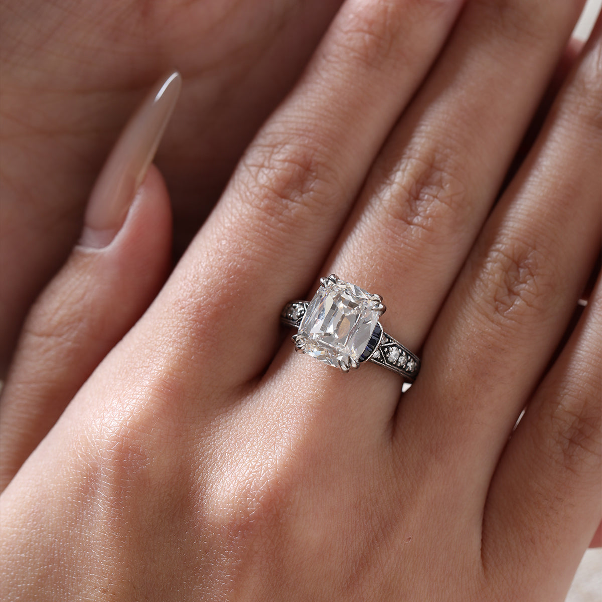 18K Gold 4.5ct Elongated Old Mine Cut Lab Diamond Antique-inspired Ring with Princess Cut Lab Sapphire & Round Cut Lab Diamond Side-stone 18K Gold 4.5ct Elongated Old Mine Cut Lab Diamond Antique-inspired Ring with Princess Cut Lab Sapphire & Round Cut Lab Diamond Side-stone