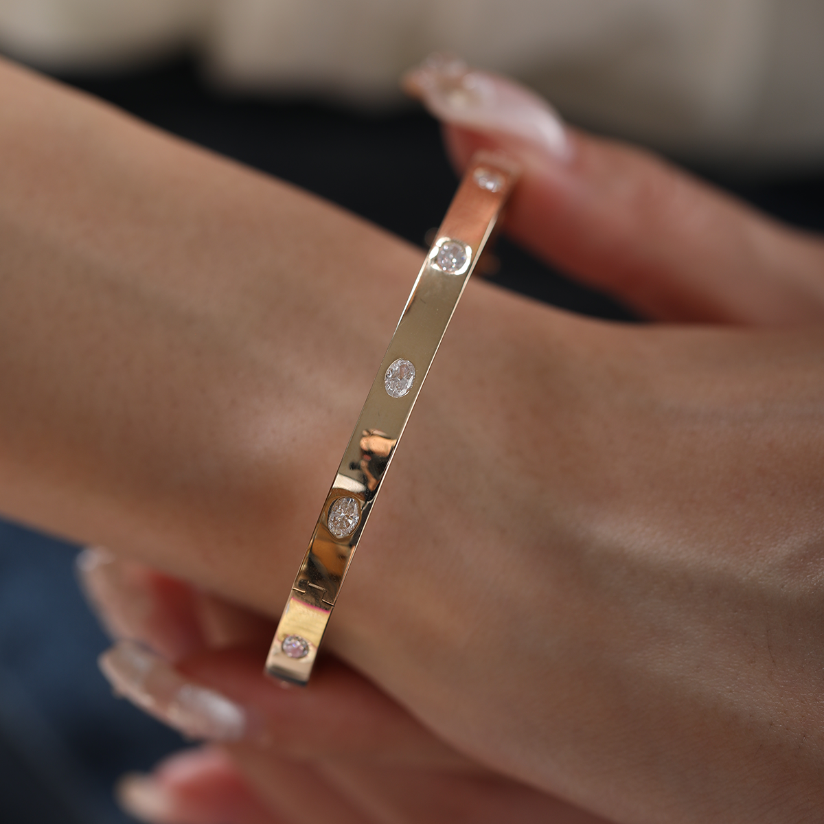 14K Yellow Gold Oval Cut and Princess Cut Lab Diamond Bezel Bangle Bracelet 14K Yellow Gold Oval Cut and Princess Cut Lab Diamond Bezel Bangle Bracelet