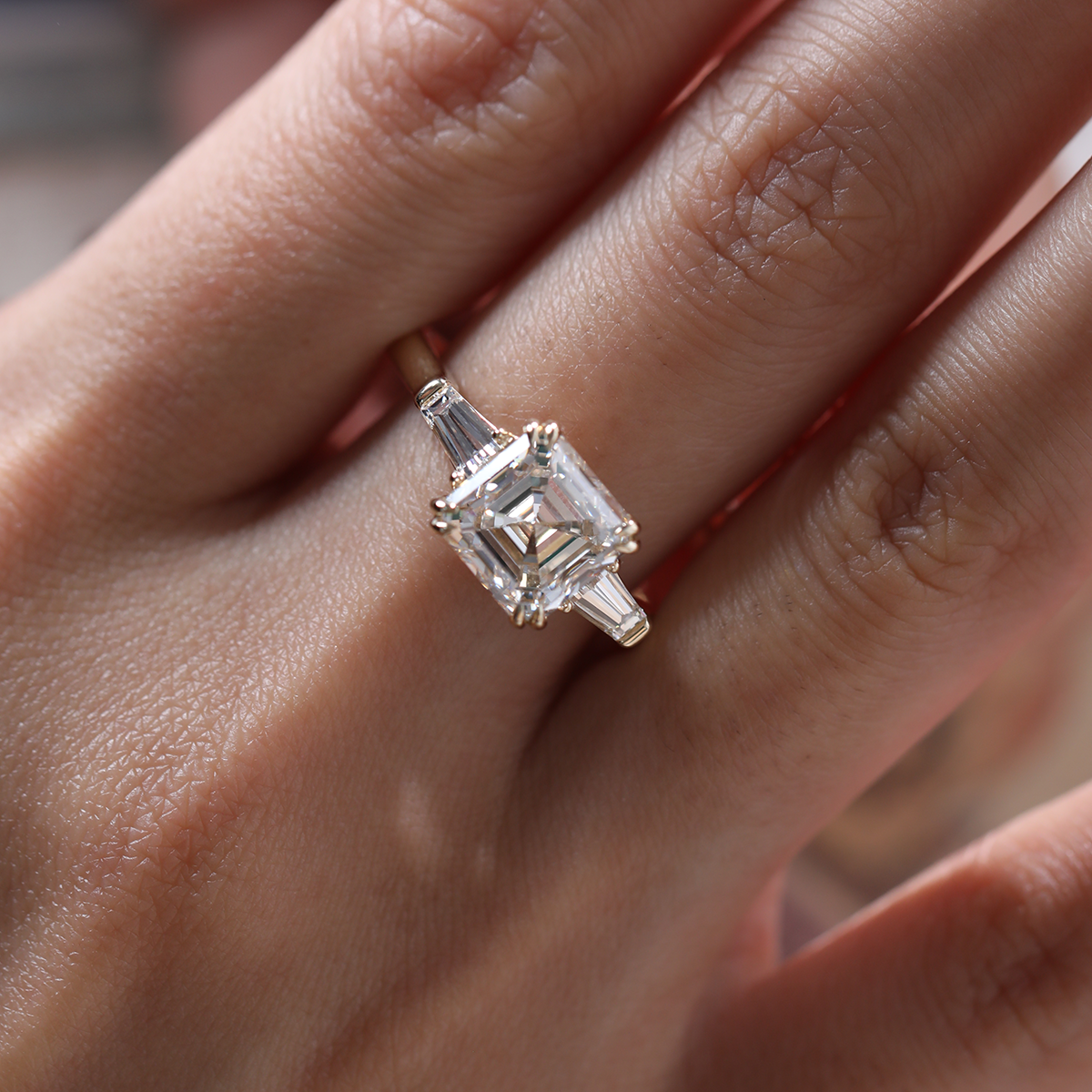 14K Yellow Gold 3.5ct Asscher Cut Lab diamond Double Claw Prongs Three-stone Ring with Two Tapered Baguette Cut 14K Yellow Gold 3.5ct Asscher Cut Lab diamond Double Claw Prongs Three-stone Ring with Two Tapered Baguette Cut