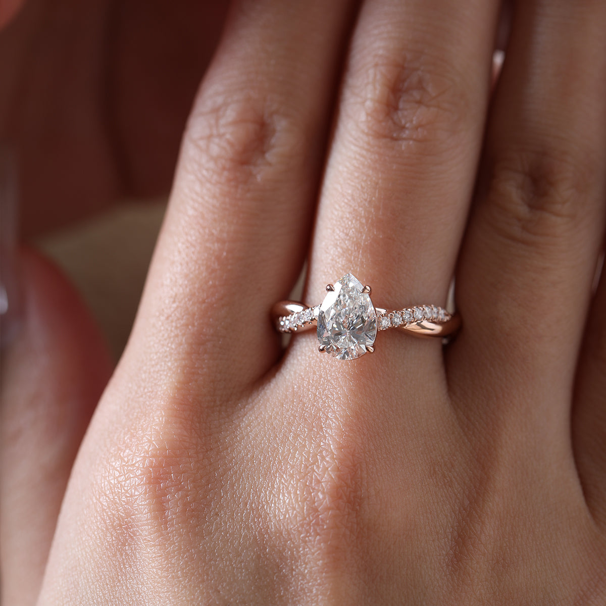 14K Rose Gold 1.5ct Pear Cut Lab Diamond Twist Pave Ring 14K Rose Gold 1.5ct Pear Cut Lab Diamond Twist Pave Ring
