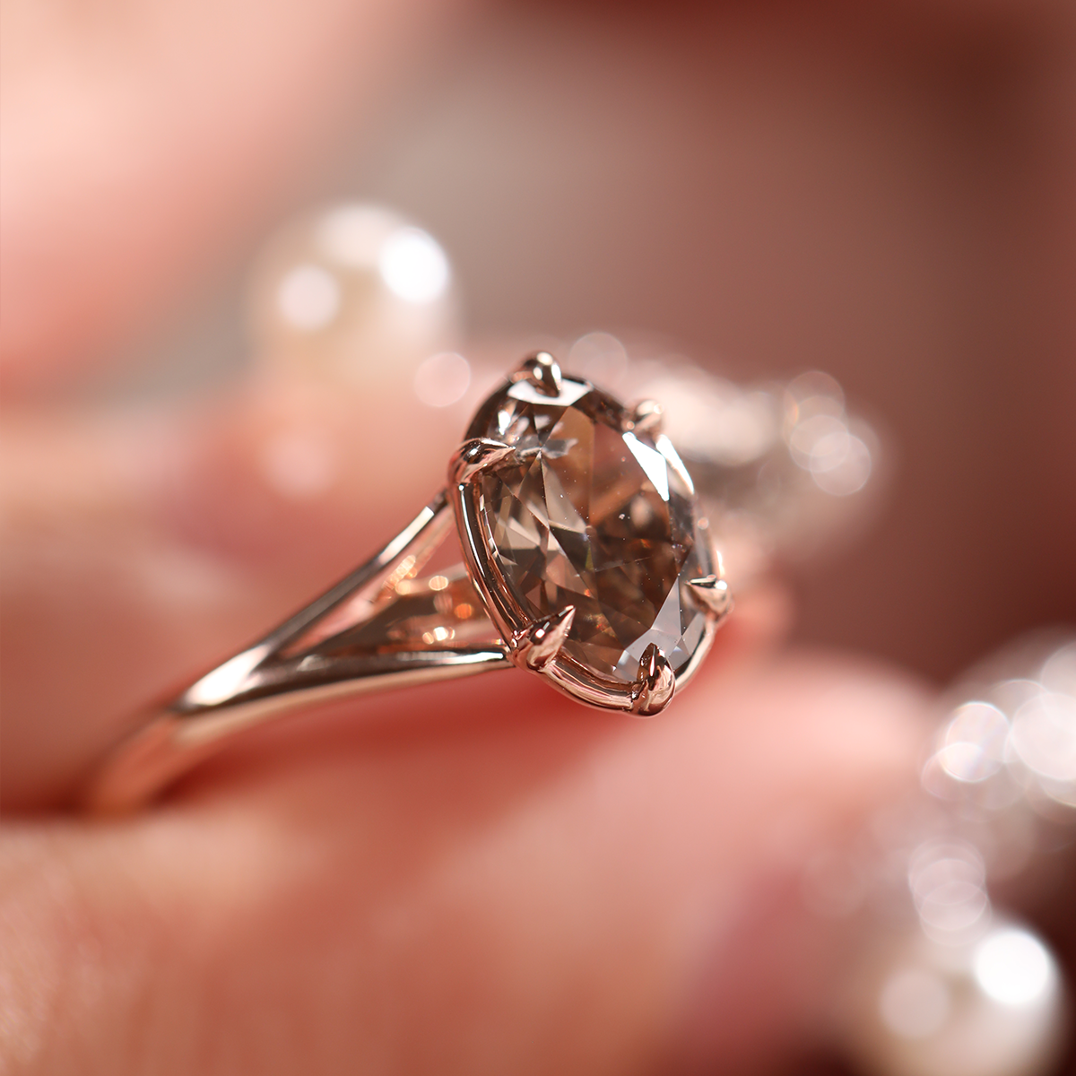 14K Rose Gold 1ct Oval Old Mine Cut Brown Lab Diamond 6 Claw Prong Cathedral Setting Solitaire Ring 14K Rose Gold 1ct Oval Old Mine Cut Brown Lab Diamond 6 Claw Prong Cathedral Setting Solitaire Ring