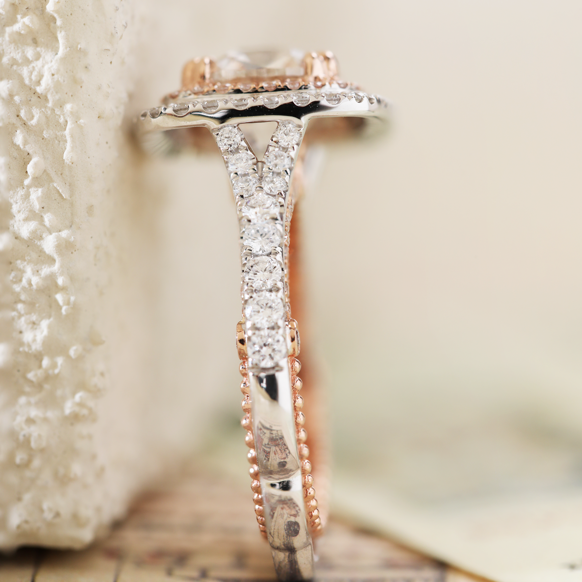 14K White and Rose Gold 2.5ct Old Mine Cut Lab Diamond Evelina Halo Edwardian Style Ring with Waverly Band and Millegrain Edging 14K White and Rose Gold 2.5ct Old Mine Cut Lab Diamond Evelina Halo Edwardian Style Ring with Waverly Band and Millegrain Edging