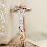 14K White and Rose Gold 2.5ct Old Mine Cut Lab Diamond Evelina Halo Edwardian Style Ring with Waverly Band and Millegrain Edging 14K White and Rose Gold 2.5ct Old Mine Cut Lab Diamond Evelina Halo Edwardian Style Ring with Waverly Band and Millegrain Edging