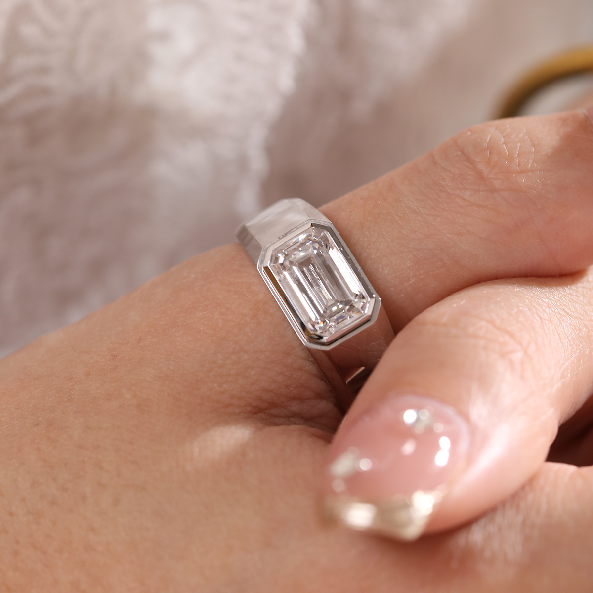 14K White Gold 3ct Emerald Cut Lab Diamond Bezel Men's Ring in Tapered Band Design 14K White Gold 3ct Emerald Cut Lab Diamond Bezel Men's Ring in Tapered Band Design