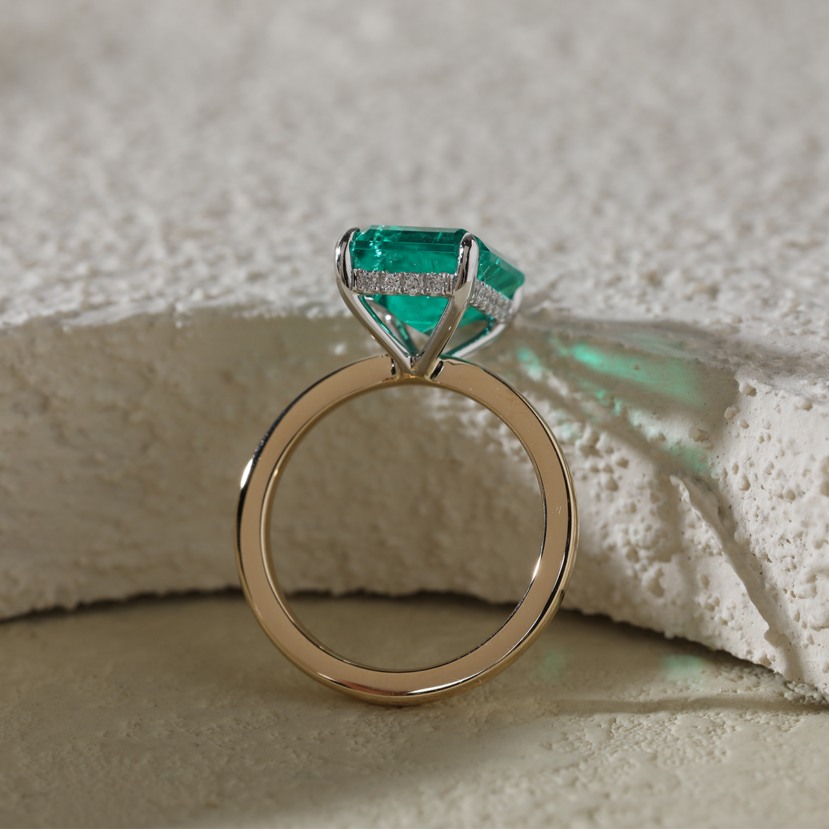 14K Yellow & White Gold 3ct Zambian Lab Emerald 4 Claw Prongs Hidden Halo Engagement Ring 14K Yellow & White Gold 3ct Zambian Lab Emerald 4 Claw Prongs Hidden Halo Engagement Ring