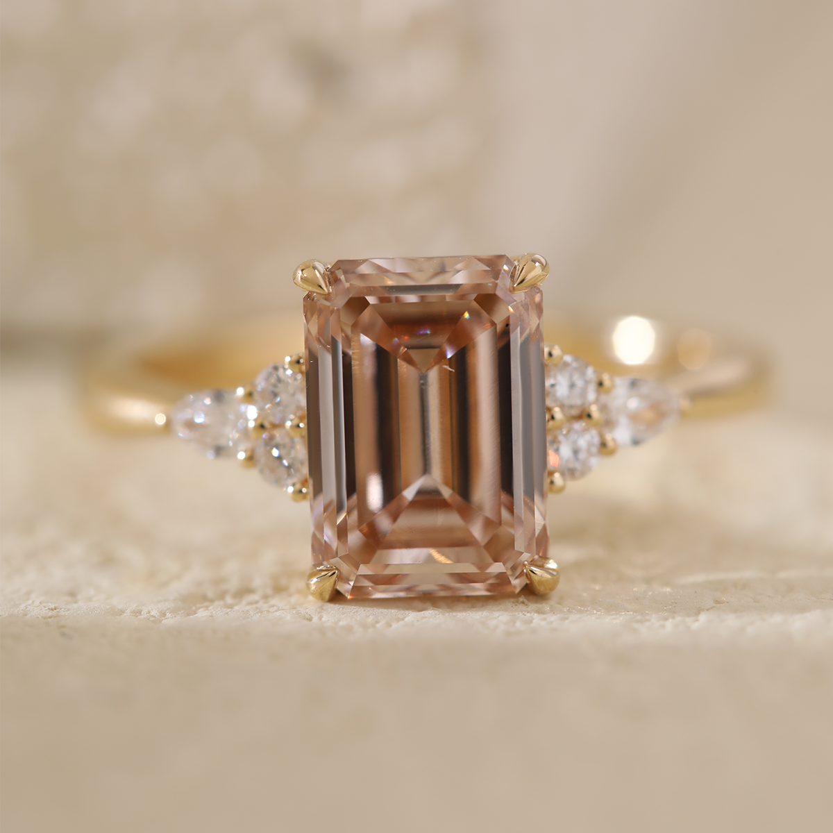 18K Yellow Gold 3.5ct Emerald Cut Brown Lab Diamond Foral Side-stone Ring with Tapered Band 18K Yellow Gold 3.5ct Emerald Cut Brown Lab Diamond Foral Side-stone Ring with Tapered Band