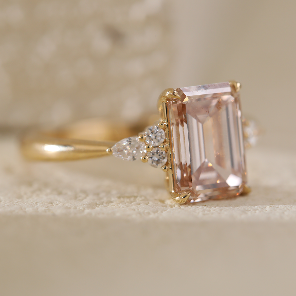 18K Yellow Gold 3.5ct Emerald Cut Brown Lab Diamond Foral Side-stone Ring with Tapered Band 18K Yellow Gold 3.5ct Emerald Cut Brown Lab Diamond Foral Side-stone Ring with Tapered Band
