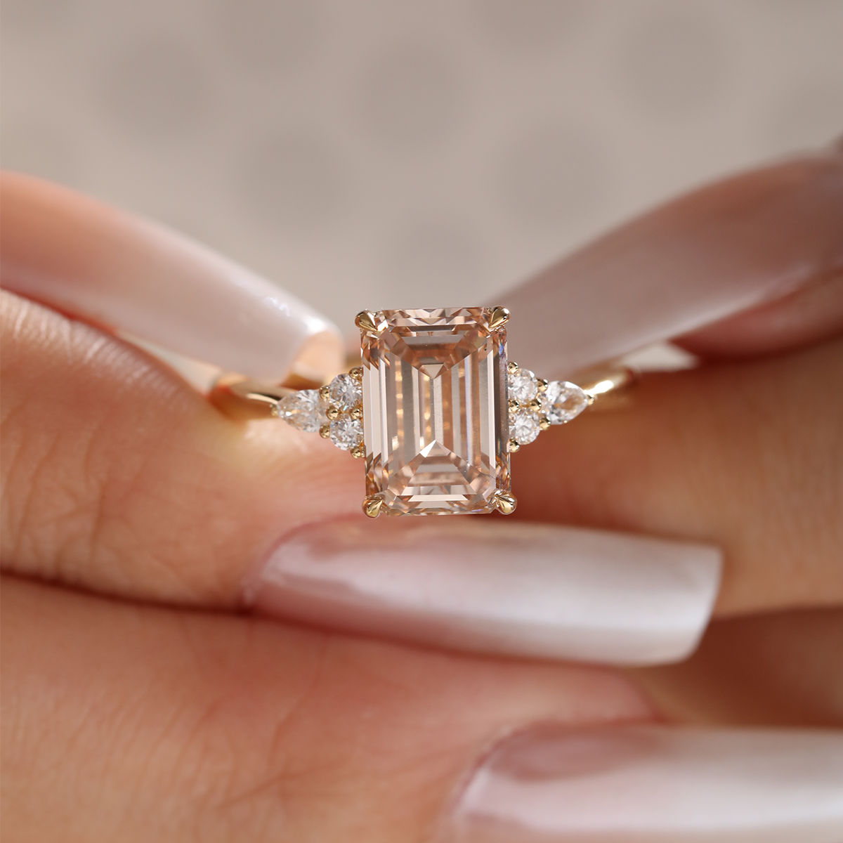 18K Yellow Gold 3.5ct Emerald Cut Brown Lab Diamond Foral Side-stone Ring with Tapered Band 18K Yellow Gold 3.5ct Emerald Cut Brown Lab Diamond Foral Side-stone Ring with Tapered Band