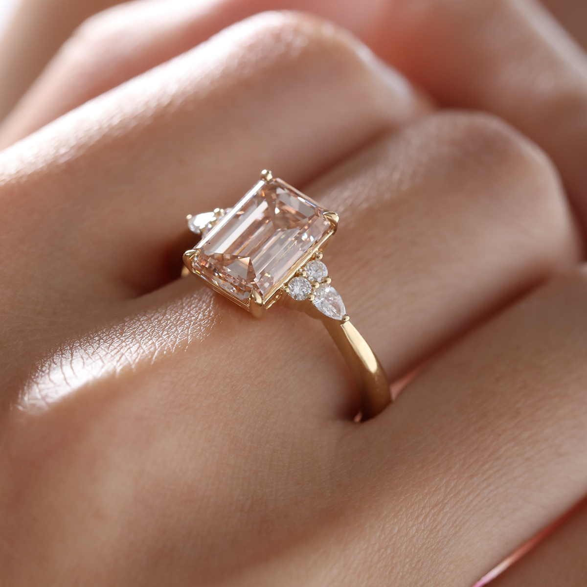 18K Yellow Gold 3.5ct Emerald Cut Brown Lab Diamond Foral Side-stone Ring with Tapered Band 18K Yellow Gold 3.5ct Emerald Cut Brown Lab Diamond Foral Side-stone Ring with Tapered Band