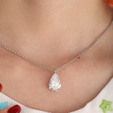 14K White Gold Necklace with 6ct Pear Shaped Lab Diamond Pendant in 3 Prong Basket Setting and Rolo Chain 14K White Gold Necklace with 6ct Pear Shaped Lab Diamond Pendant in 3 Prong Basket Setting and Rolo Chain