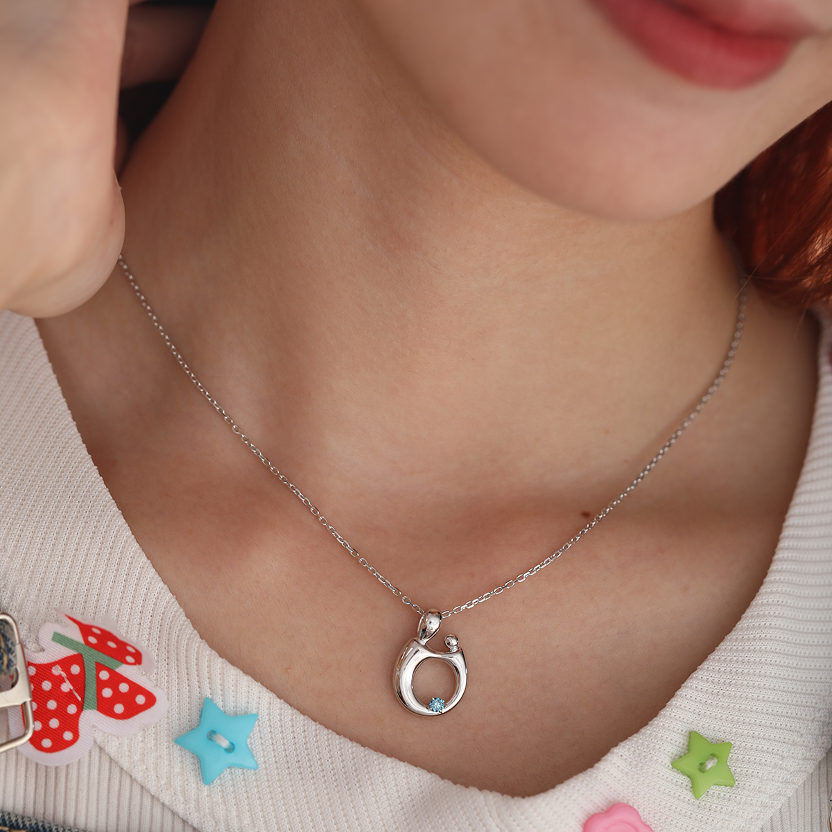 14K White Gold Mother and Child Pendant Necklace with Blue Round Lab Diamond 14K White Gold Mother and Child Pendant Necklace with Blue Round Lab Diamond