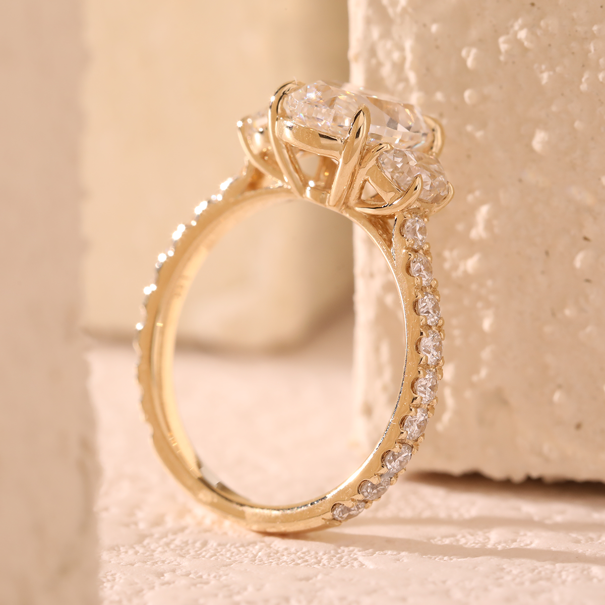 14K Yellow Gold 2ct Oval Lab Diamond Vintage Ring with Half Moon and Round Lab Diamond Side-stones Pave 14K Yellow Gold 2ct Oval Lab Diamond Vintage Ring with Half Moon and Round Lab Diamond Side-stones Pave