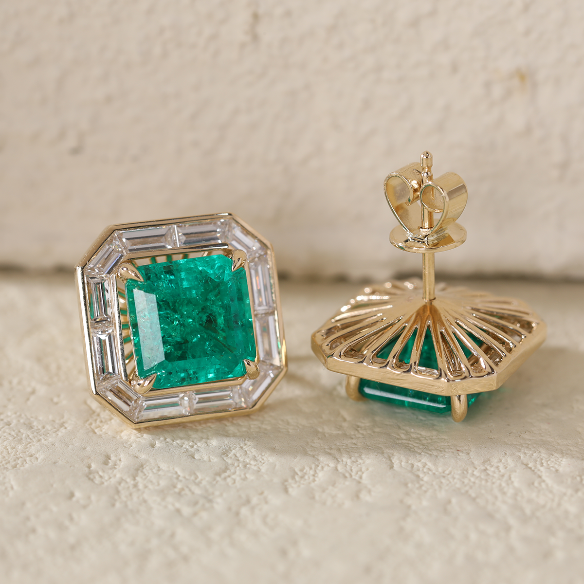14K Yellow Gold 4.5 ct tw Asshcer Cut Colombian Lab Emerald Halo Stud Earrings 14K Yellow Gold 4.5 ct tw Asshcer Cut Colombian Lab Emerald Halo Stud Earrings