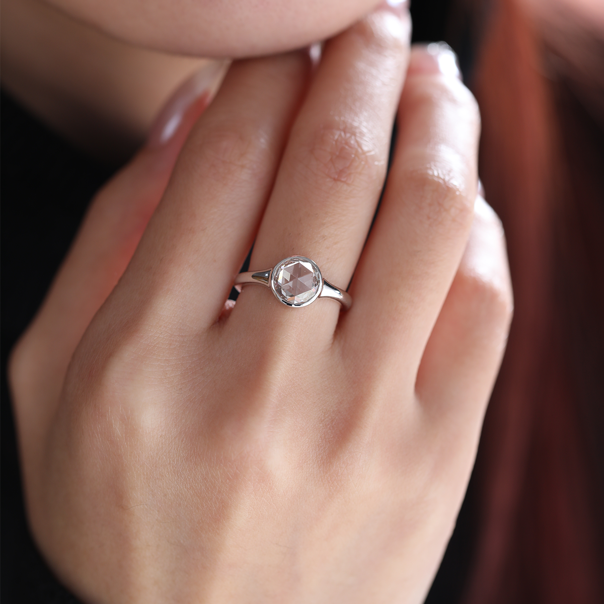 14K White Gold 1.5ct Rose Cut Lab Diamond Bezel Ring with Tapered Band 14K White Gold 1.5ct Rose Cut Lab Diamond Bezel Ring with Tapered Band