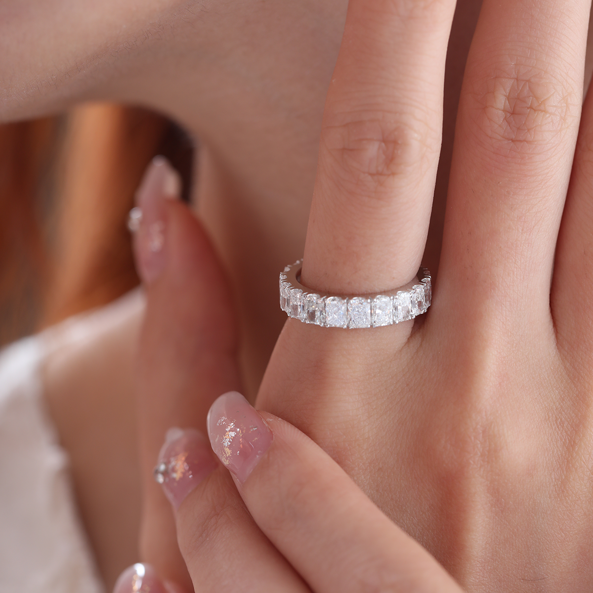 14K White Gold 4*3MM Radiant Cut Lab Diamond U Shaped Pave Eternity Band 14K White Gold 4*3MM Radiant Cut Lab Diamond U Shaped Pave Eternity Band