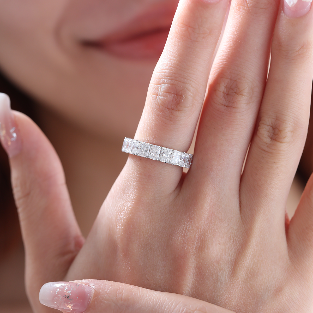 14K White Gold 4*3MM Radiant Cut Lab Diamond U Shaped Pave Eternity Band 14K White Gold 4*3MM Radiant Cut Lab Diamond U Shaped Pave Eternity Band