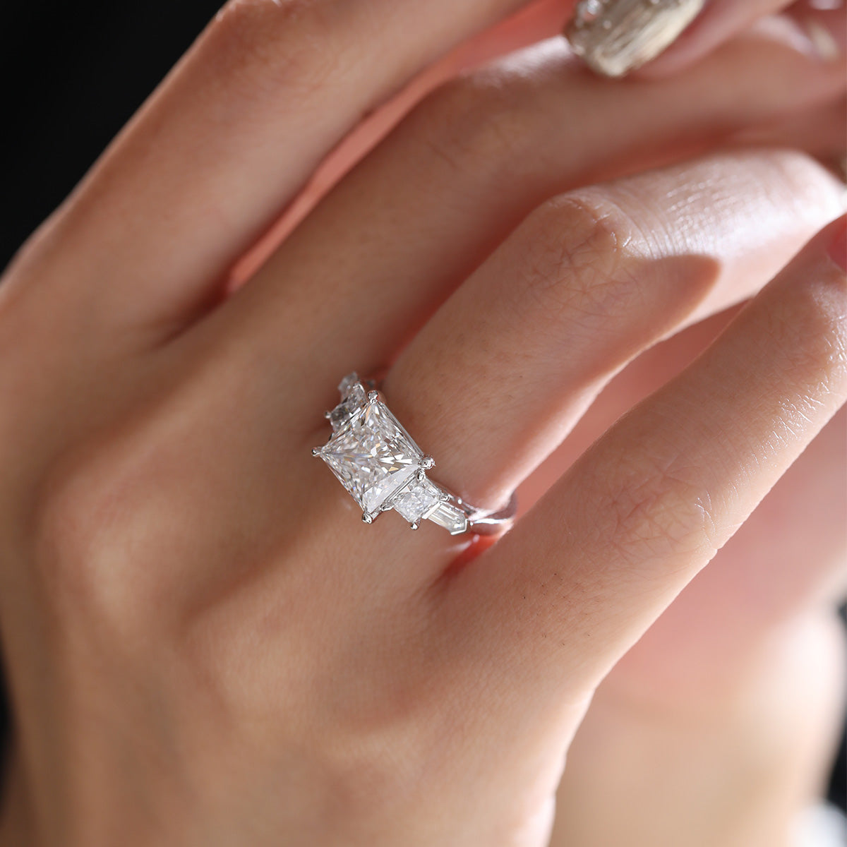 Platinum 2.5ct Princess Cut Lab Diamond 5 Stone Engagement Ring with Radiant Cut and Bullet Cut Side-stones Platinum 2.5ct Princess Cut Lab Diamond 5 Stone Engagement Ring with Radiant Cut and Bullet Cut Side-stones
