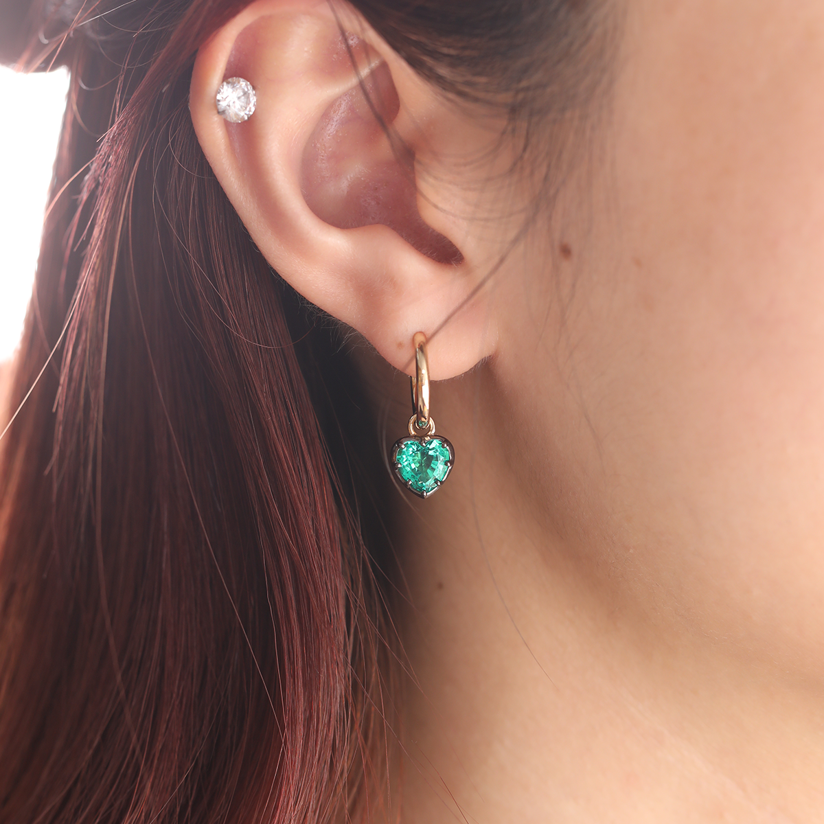 14K Yellow Gold Heart Cut Colombian Lab Emerald Bezel Setting Hoop Earrings with Black Rhodium Plated 14K Yellow Gold Heart Cut Colombian Lab Emerald Bezel Setting Hoop Earrings with Black Rhodium Plated