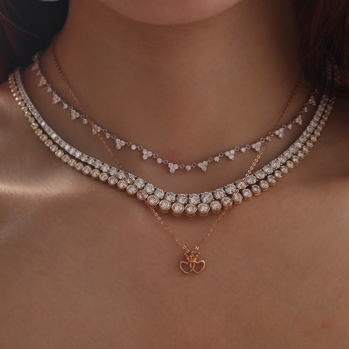 14K Rose Gold Toi et Moi Heart Shape and Crown Pendant Necklace 14K Rose Gold Toi et Moi Heart Shape and Crown Pendant Necklace
